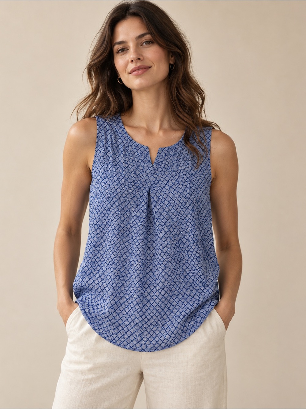 Cynthia Rowley 100% Silk Sleeveless Blue Printed Notch-Neck Women's Top Sz Small